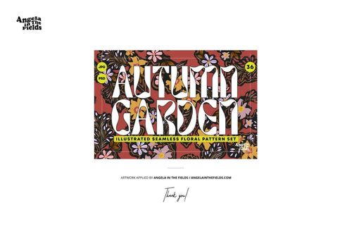 Front view of a fabric swatch mockup featuring an autumn garden floral pattern with bold text overlay.