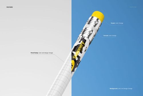 Close-up view of a round pencil mockup with a yellow eraser, silver ferrule, and customizable body design.
