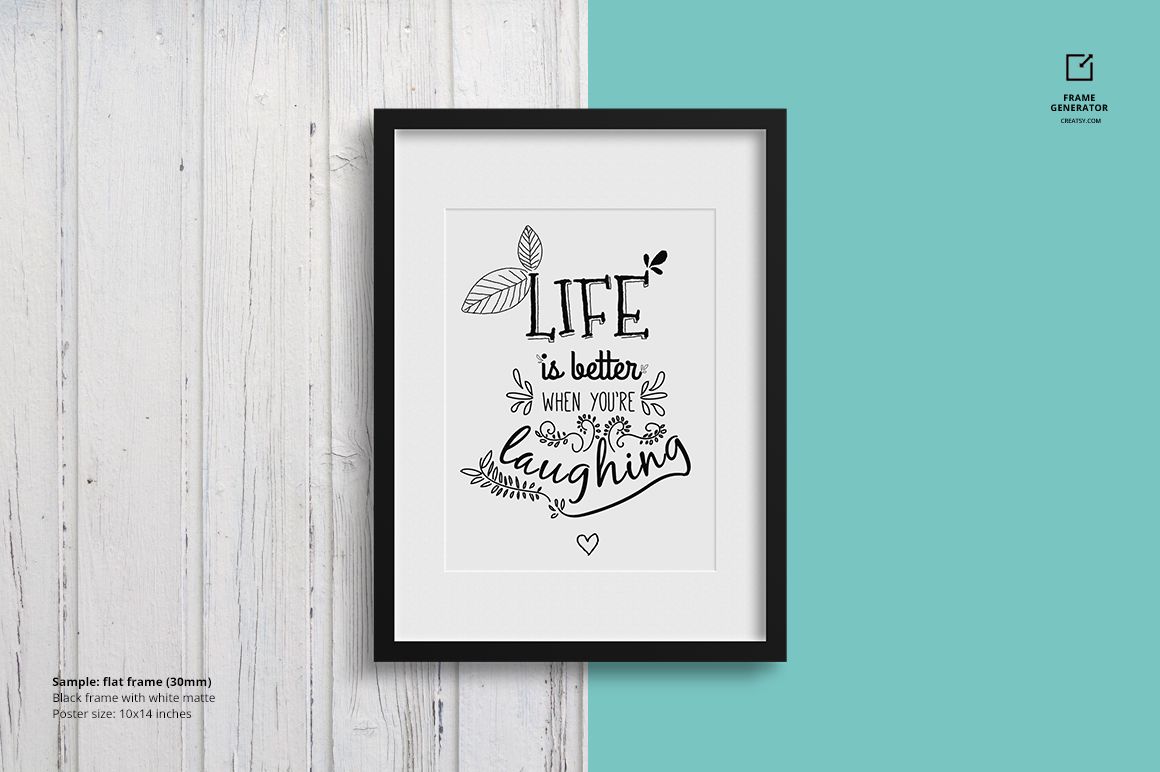 PSD mockup showing a framed art print in a black frame with white matte, placed on a background divided into wood and teal sections.