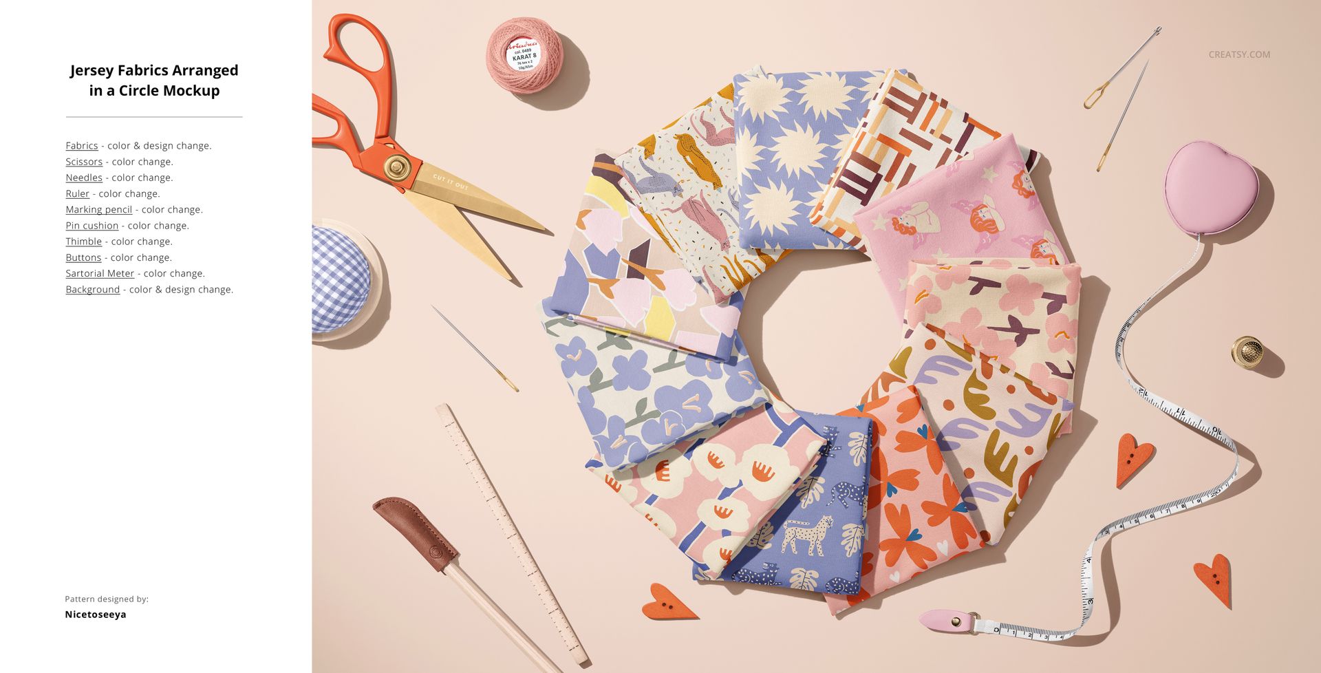 PSD mockup showing multiple jersey fabric swatches in a ring formation, accented by sewing accessories and pink background.