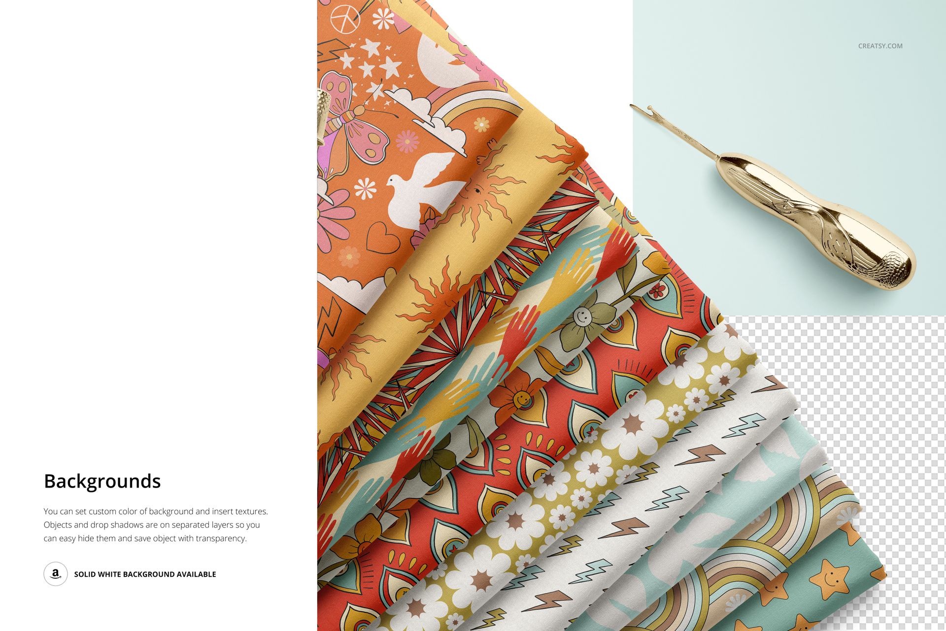 Folded fabrics mockup displaying multiple fabric pieces with vibrant designs, viewed from above alongside a seam ripper.