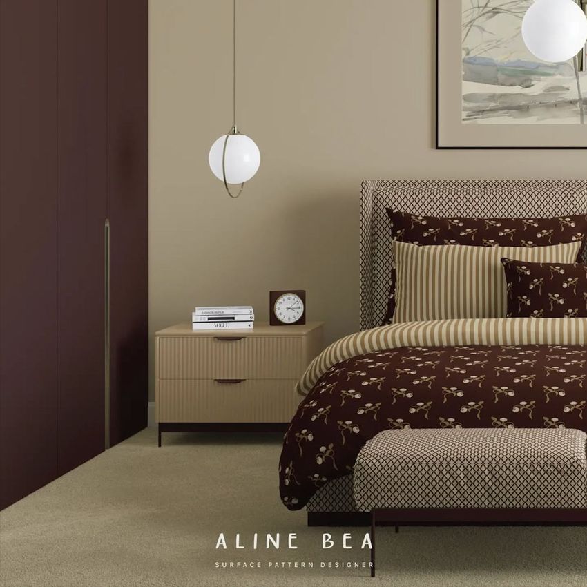 Bedroom scene bedding mockup showing a bed with brown and beige floral and striped linens, nightstand, and modern decor.