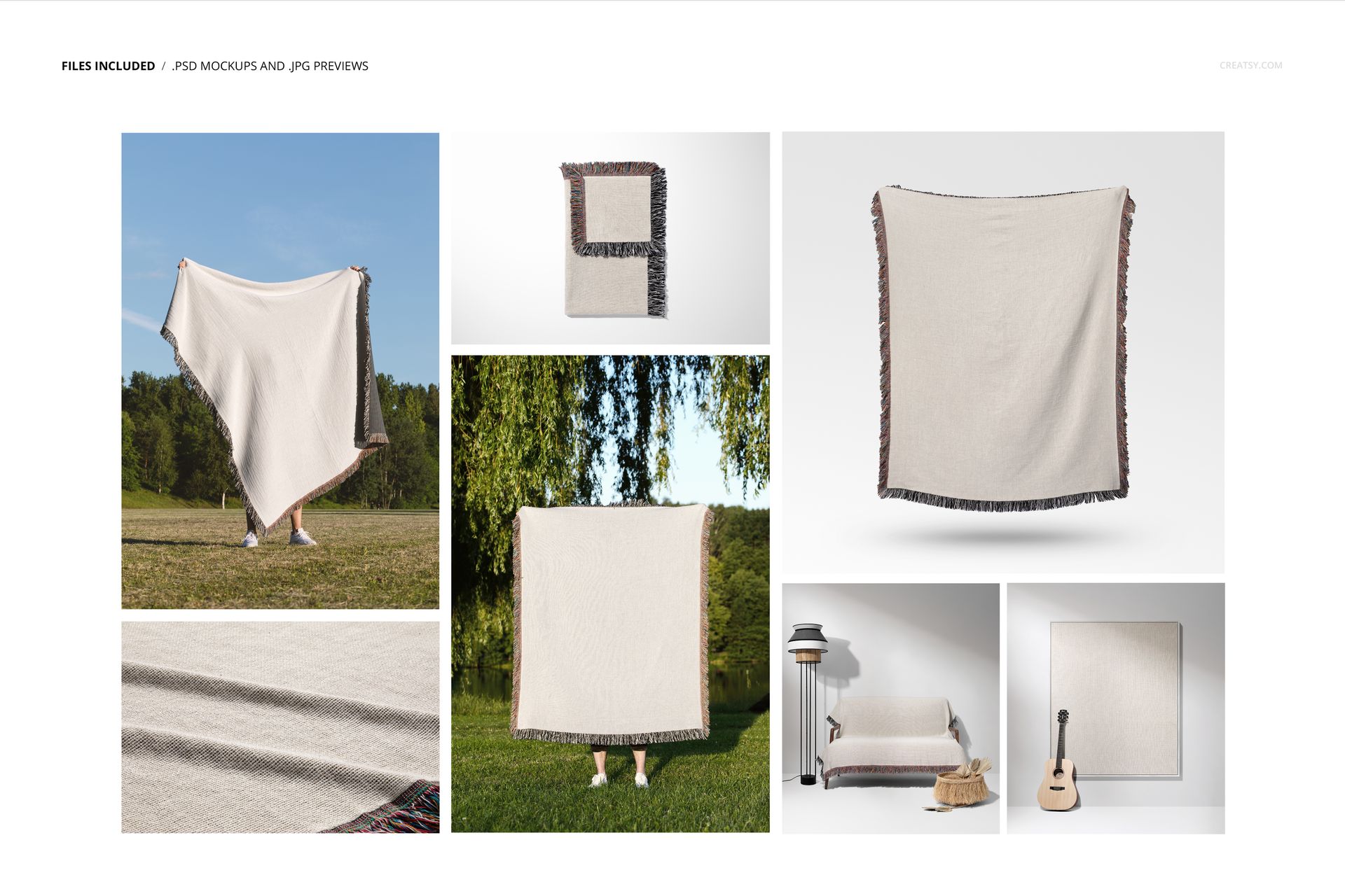 Jacquard fringed woven throw blanket mockup displayed flat, folded, and held up, featuring simple beige and dark accents.