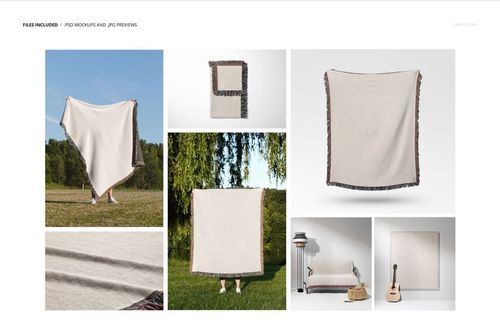 Jacquard fringed woven throw blanket mockup displayed flat, folded, and held up, featuring simple beige and dark accents.