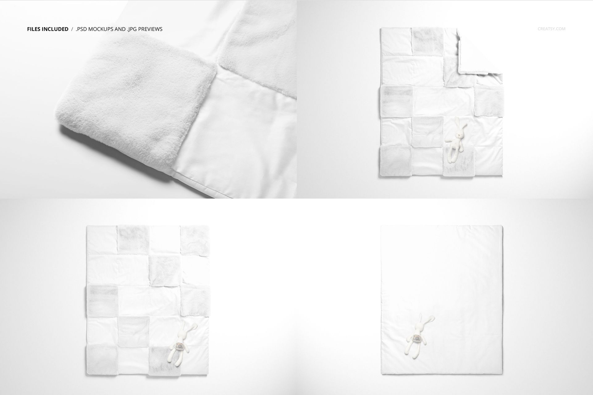 Top view of a baby patchwork quilt mockup with fleece, displaying a grid of white and pale gray squares on a flat surface.