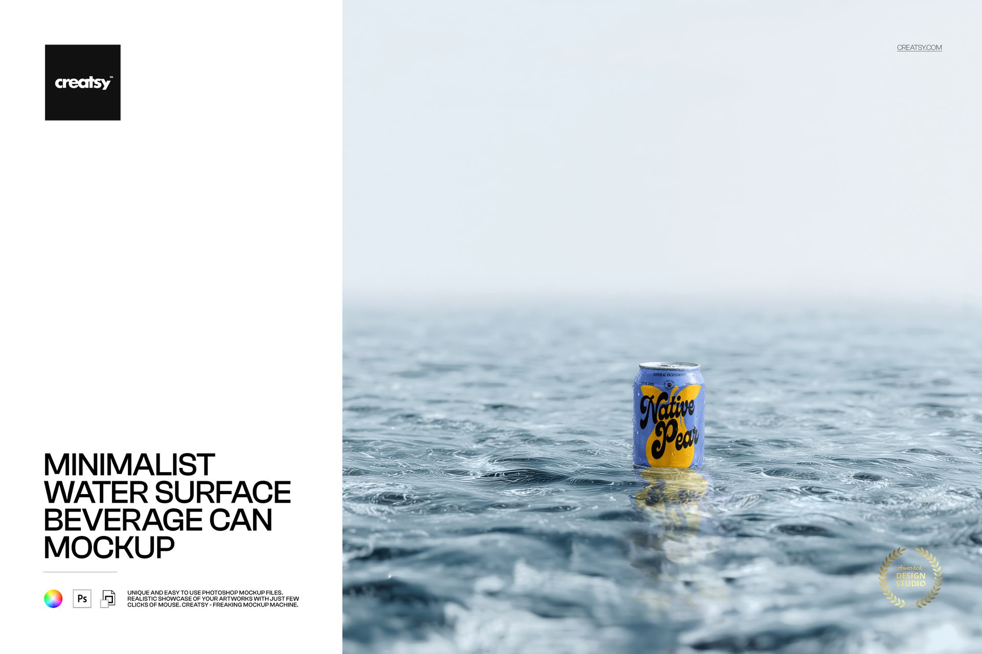 Front view of a drink can mockup resting on rippling water, featuring a clean and simple background.
