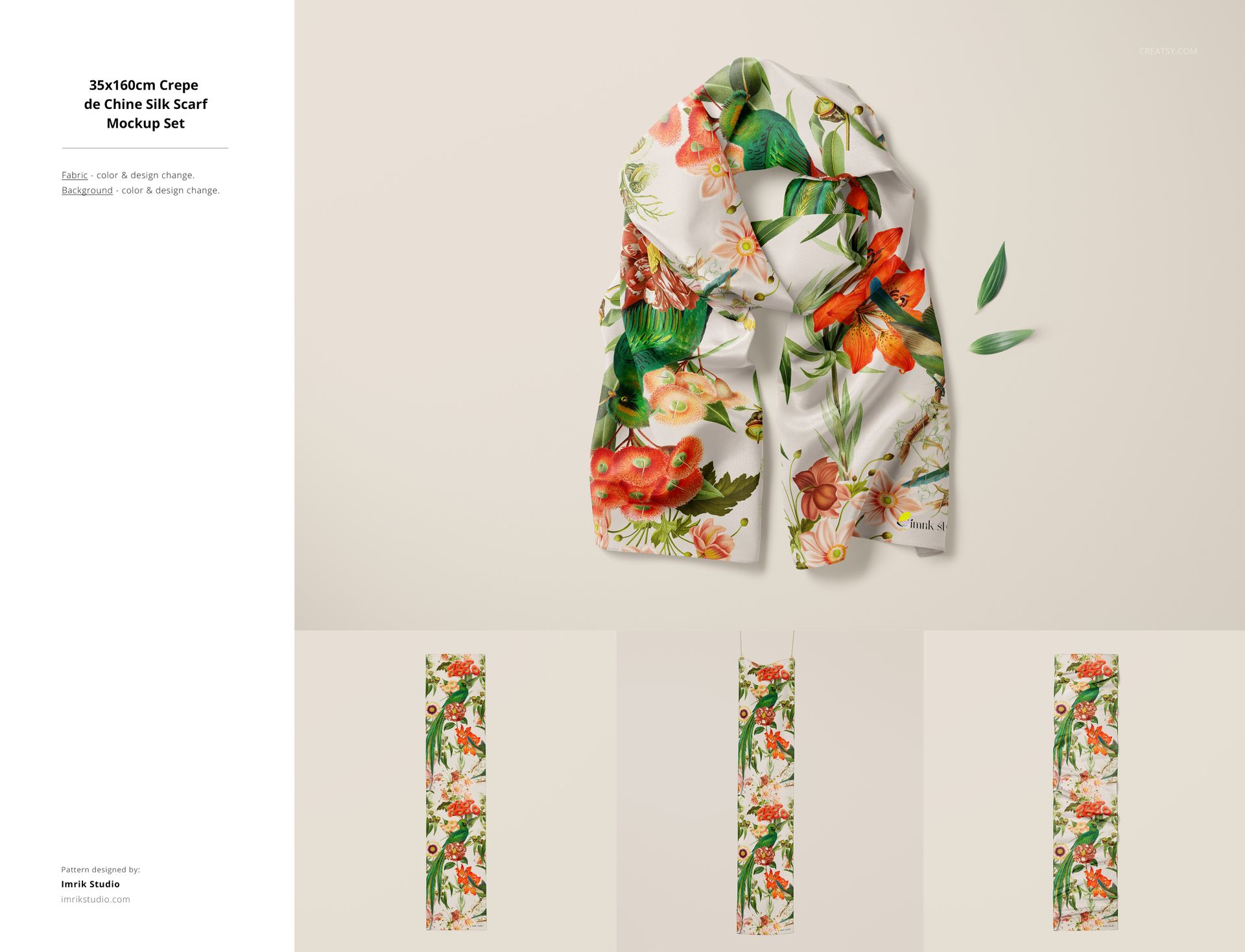 Front view of a fabric mockup featuring a crepe de chine silk scarf with a colorful floral and leaf pattern on a light background.