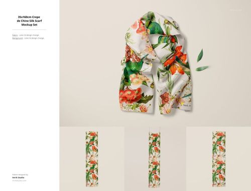 Front view of a fabric mockup featuring a crepe de chine silk scarf with a colorful floral and leaf pattern on a light background.