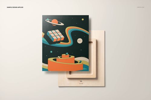 Mockup of square plywood wall art featuring a vibrant illustration with planets, cubes, and swirling lines.