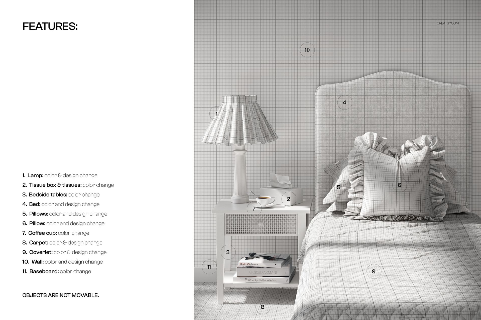 Front view of a bedroom bedding mockup featuring a ruffled pillow, lamp, and grid-patterned linens in neutral tones.