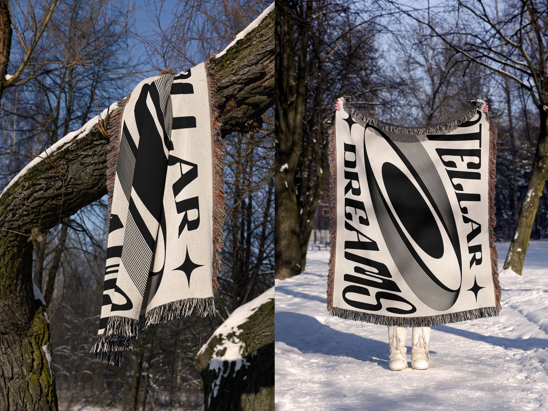 PSD mockup of a rectangular jacquard blanket with geometric and typographic pattern, photographed in a snowy park setting.