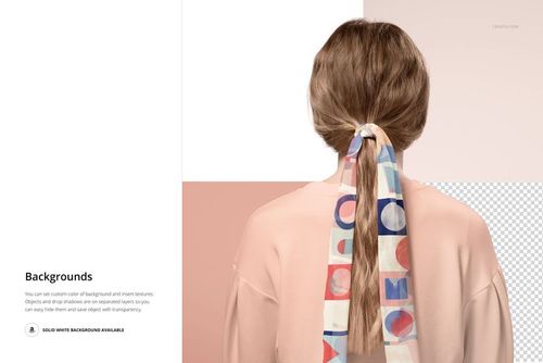 Long chiffon silk scarf with abstract geometric pattern tied around a woman's ponytail, shown from the back.