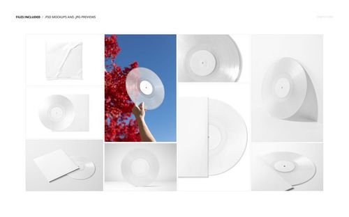Translucent colored vinyl record mockup set showing clear records in various scenes and perspectives, including outdoor and studio settings.