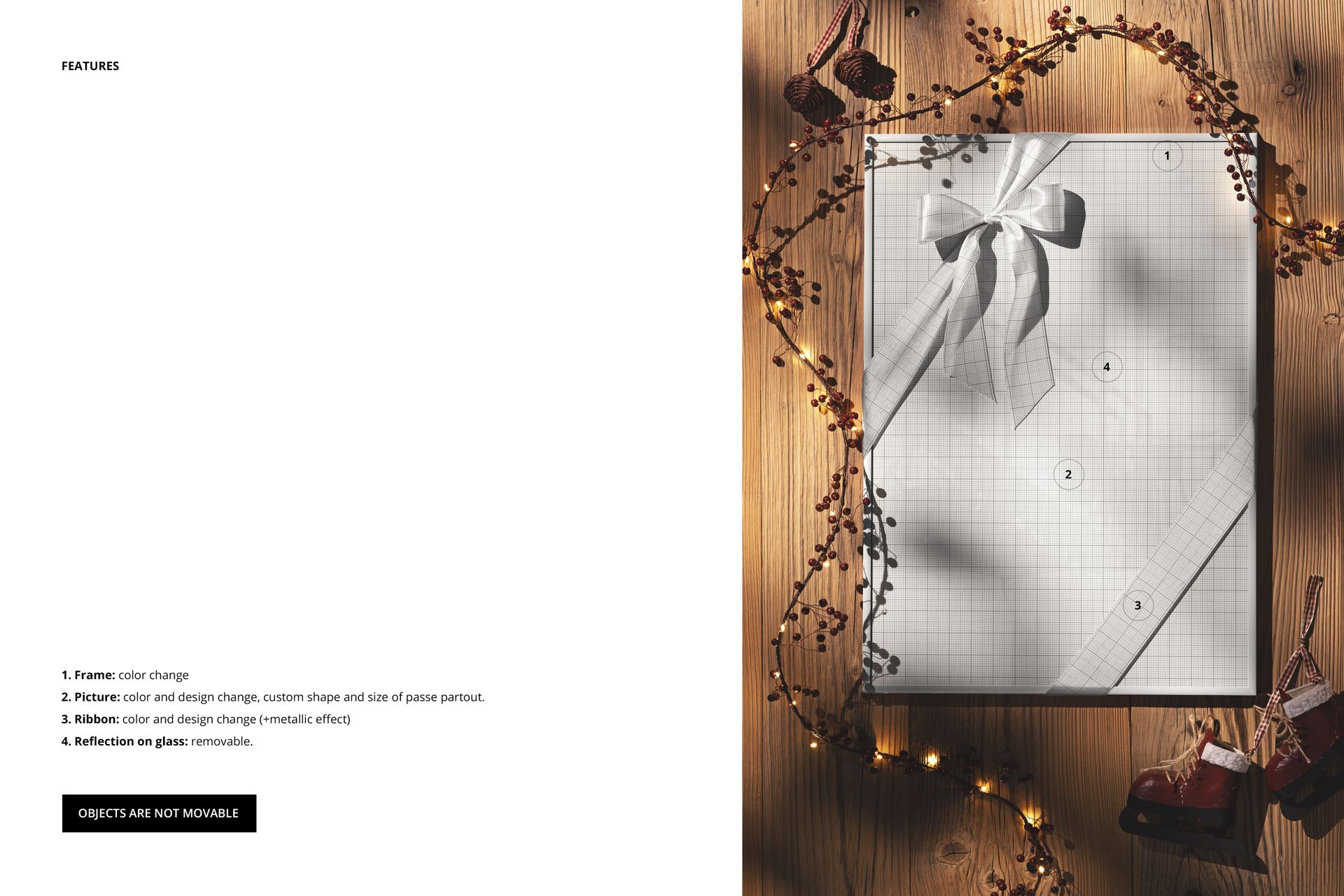 Front view of a vintage picture frame mockup on a wooden surface, decorated with Christmas lights and dried berries.