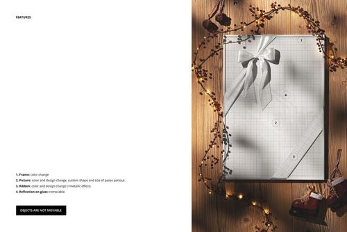 Front view of a vintage picture frame mockup on a wooden surface, decorated with Christmas lights and dried berries.