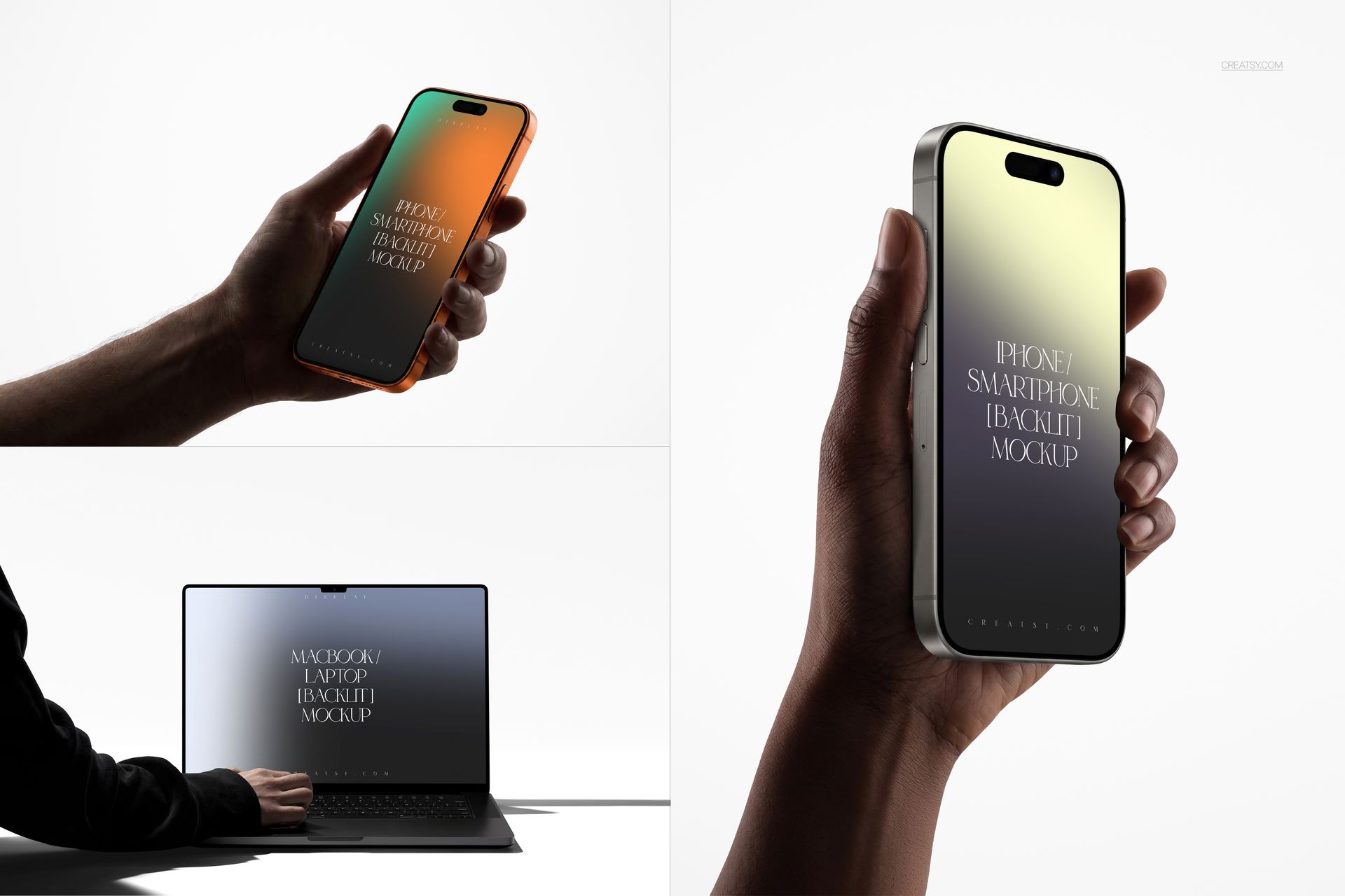 Hand holding a backlit smartphone with gradient screen, next to a tablet and laptop mockup on a light background.