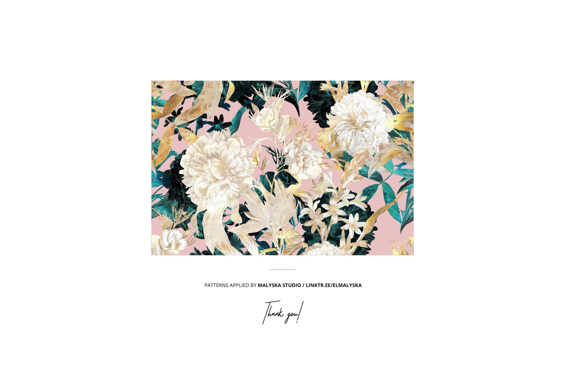 Floral pattern with white and yellow flowers and green leaves on a pink background, shown in a rectangular mockup display.