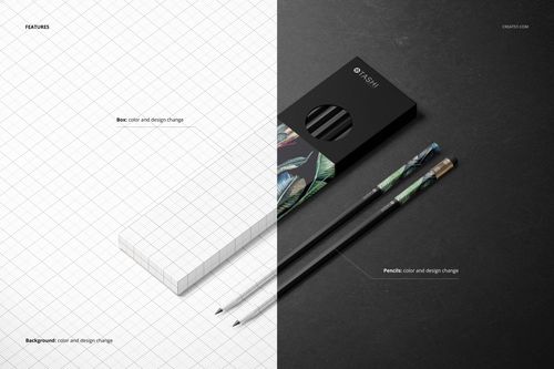 Pencil box mockup set featuring a rectangular box and pencils, shown from a top view on split grid and dark surfaces.