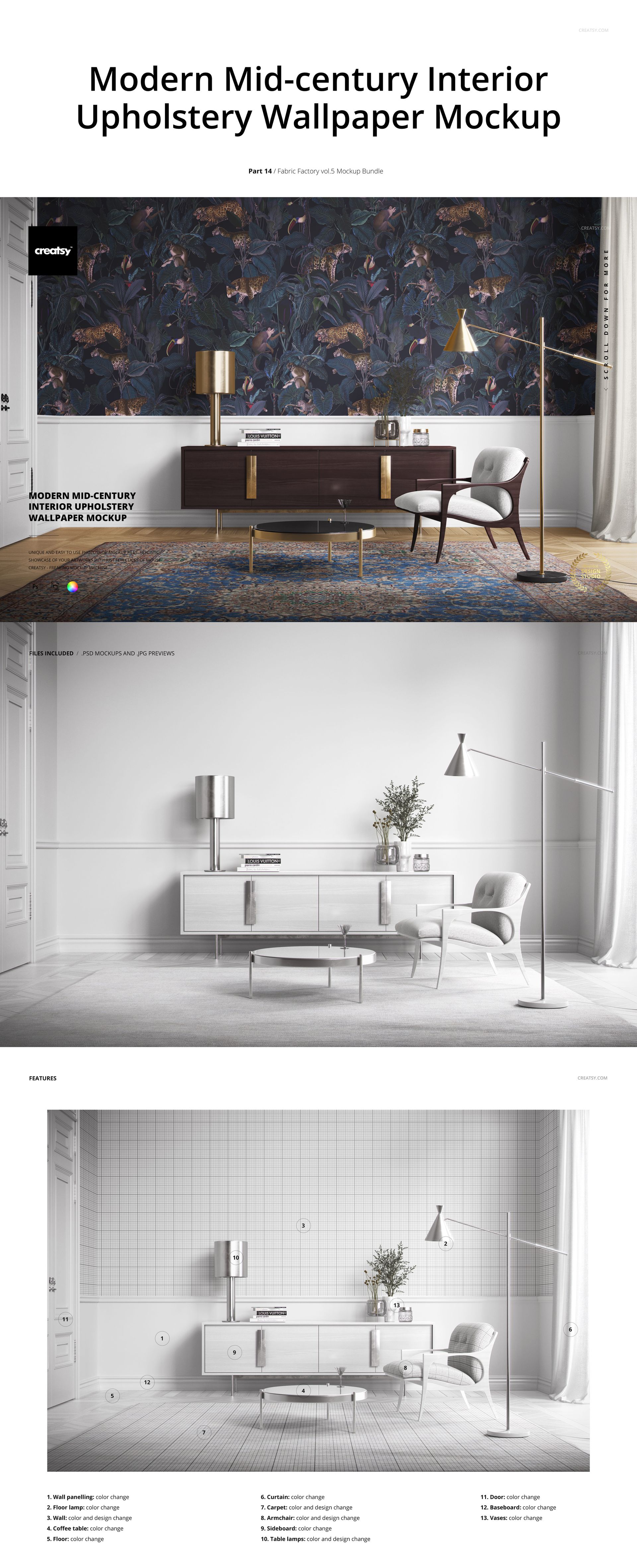 Modern mid-century interior scene with a floral patterned wallpaper mockup, wooden sideboard, and minimalist furniture.