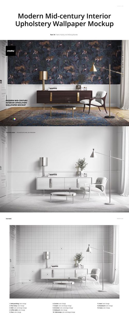 Modern mid-century interior scene with a floral patterned wallpaper mockup, wooden sideboard, and minimalist furniture.