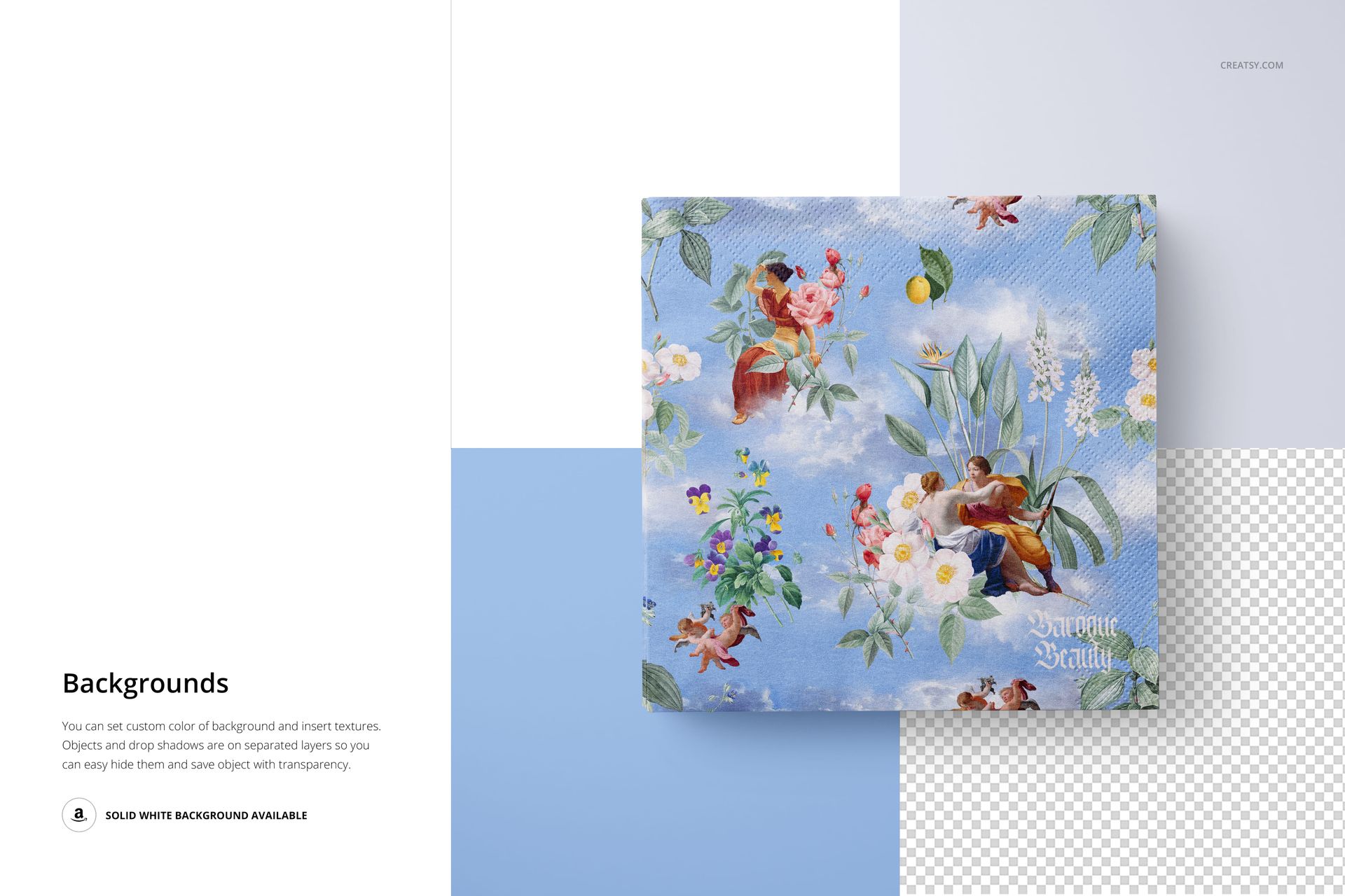 Square napkin mockup with floral and cherub pattern on a blue background, shown from top view with layered backgrounds.