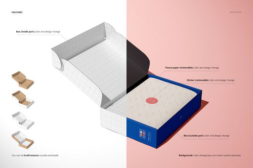 Open mailing box mockup with grid pattern on the left and blue exterior on the right, shown from an angled top view.