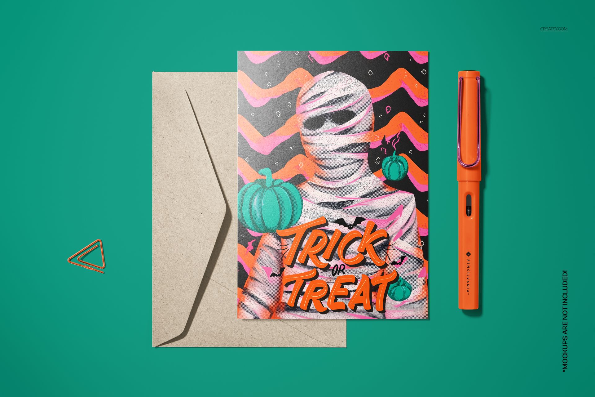 Halloween card mockup with a white mummy illustration, orange and green pumpkins, and bold lettering on a colorful background.