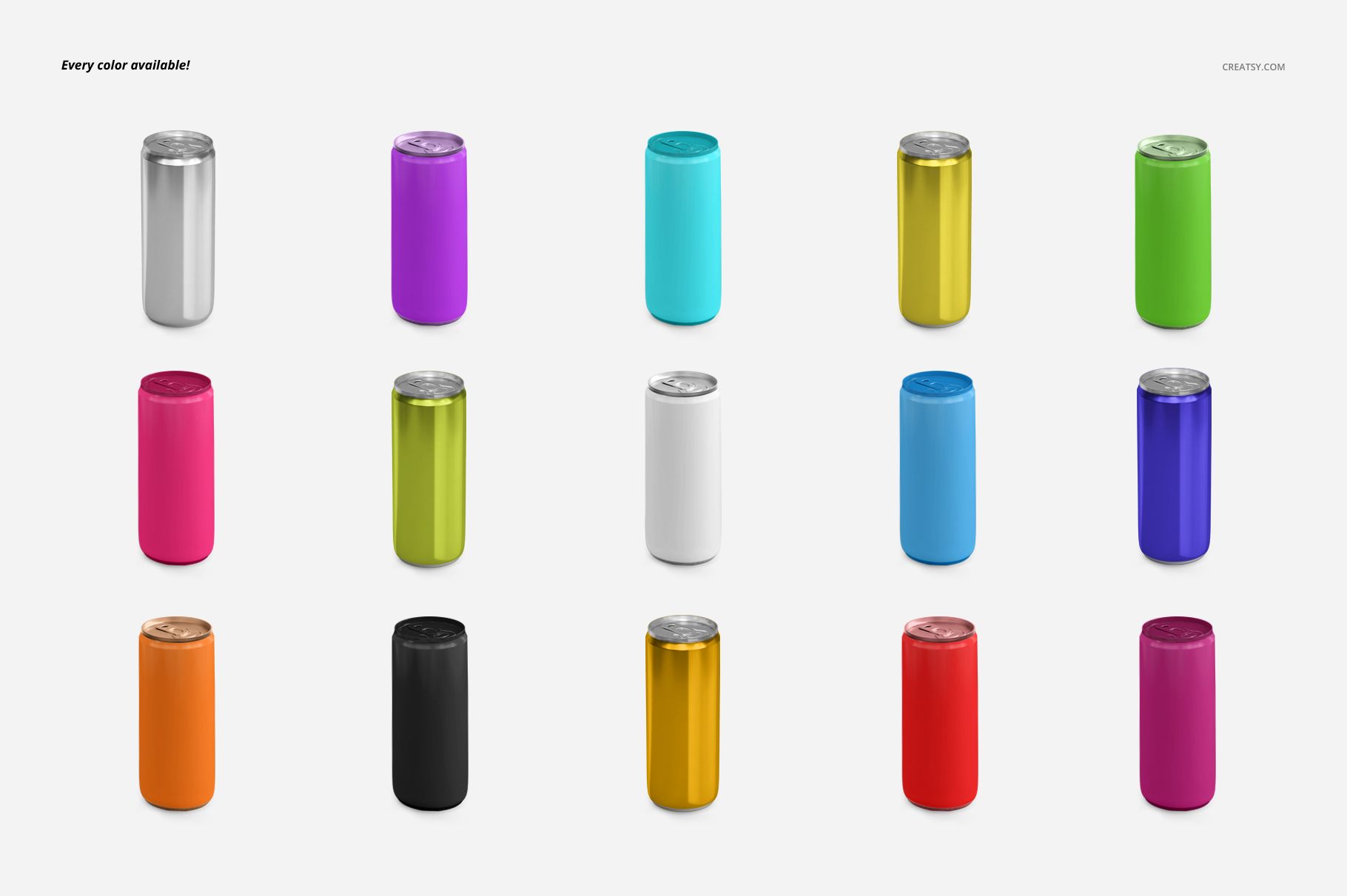 Colorful energy drink cans mockup set displayed in four rows, each can featuring a different vibrant hue.