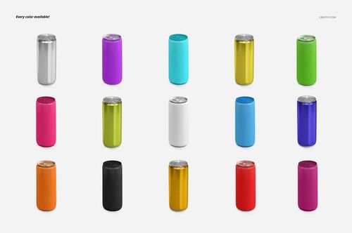 Colorful energy drink cans mockup set displayed in four rows, each can featuring a different vibrant hue.