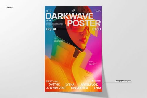 PSD mockup of a poster with multicolored neon design, geometric shapes, and visible typography, displayed against a white wall.