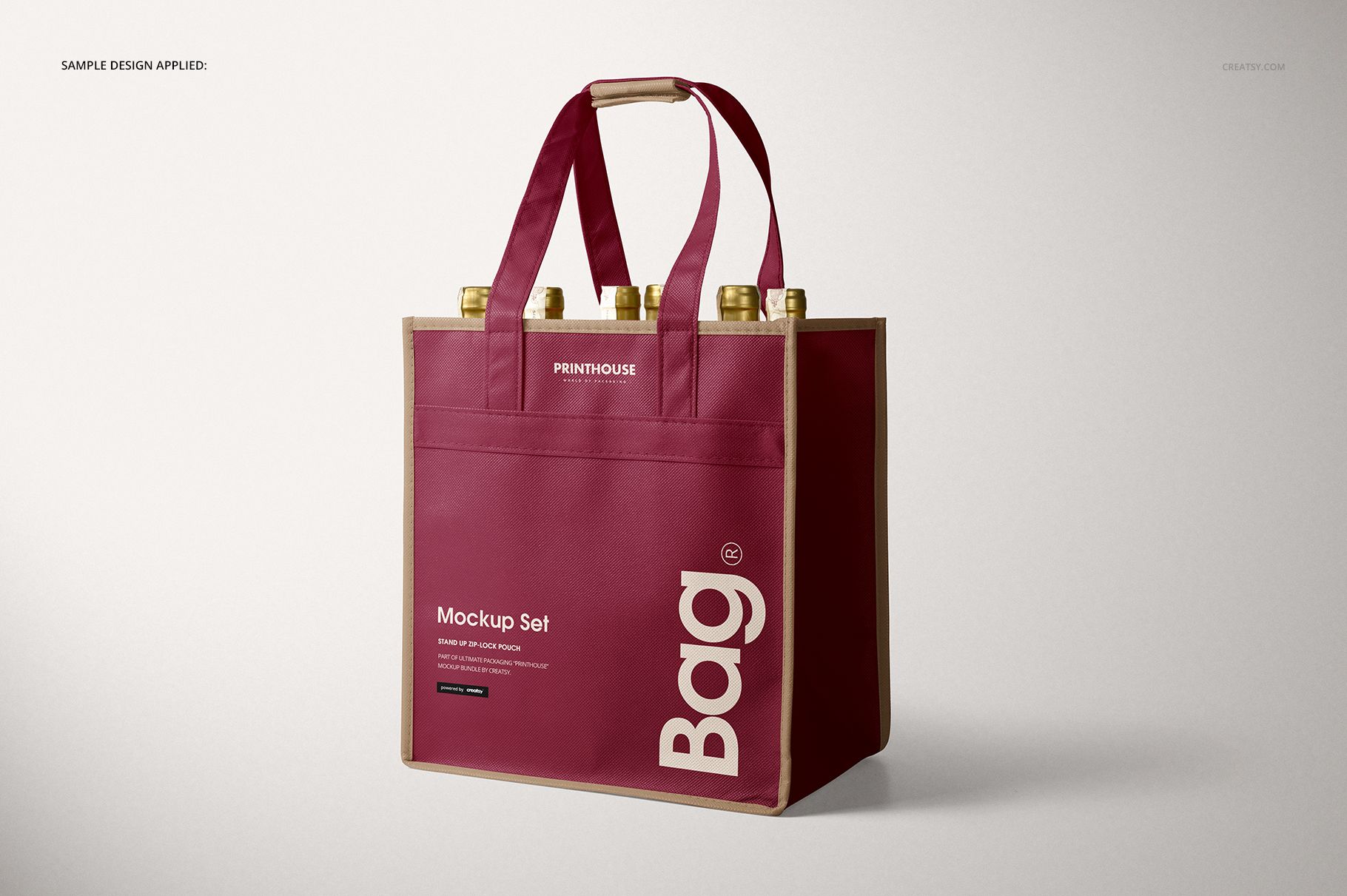 Six-bottle non-woven wine tote bag mockup in burgundy with beige edges, shown upright with bottles inside.