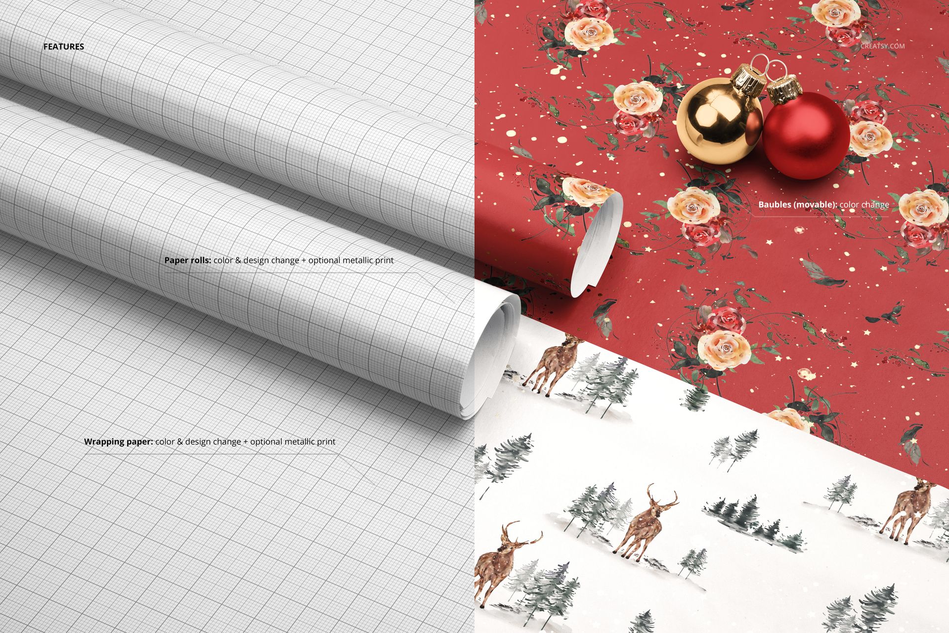 Wrapping paper rolls mockup featuring two blank grid-patterned rolls on the left and festive Christmas designs on the right.