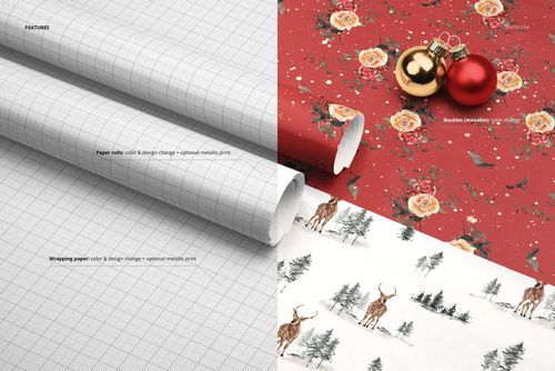 Wrapping paper rolls mockup featuring two blank grid-patterned rolls on the left and festive Christmas designs on the right.