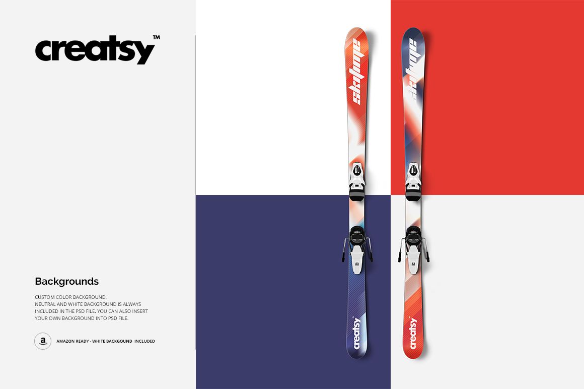 Ski mockup showing two skis with gradient patterns and bindings, set against a split color background.