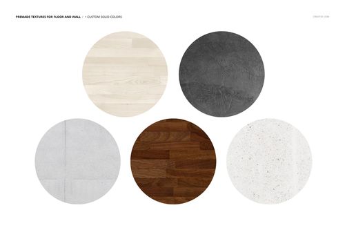 Five round acrylic print mockups with different textures and colors, arranged in two rows on a white background.