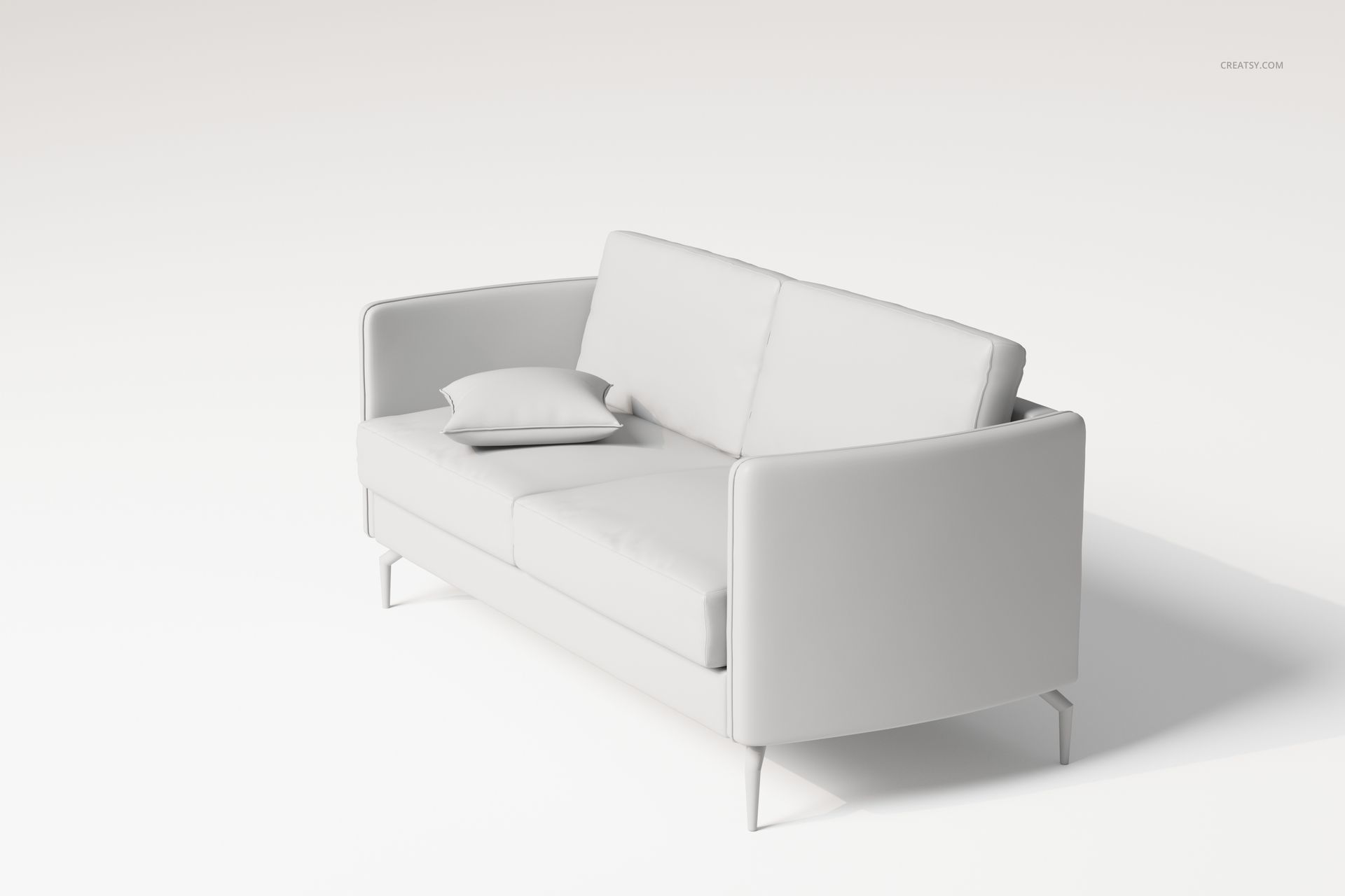 Minimalistic modern sofa in light gray color, shown from a front angle with a single cushion on the seat.