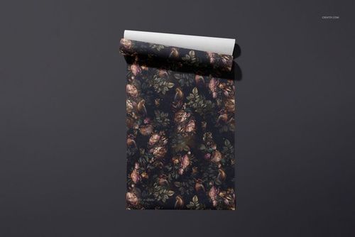 Rolled non-woven vinyl wallpaper with a dark floral pattern, displayed on a flat surface in a front view mockup.