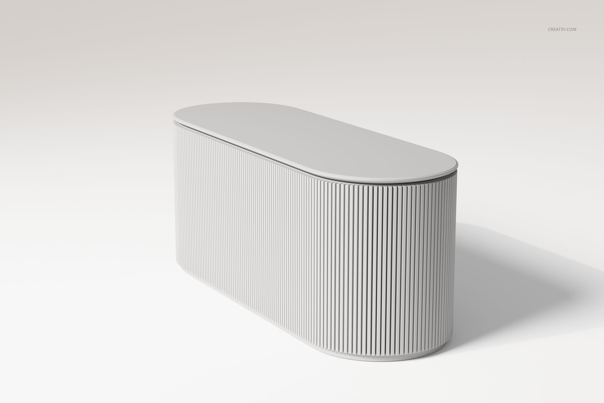 Oval-shaped flute bar cabinet with vertical grooves, shown in a light gray color on a plain background, angled view.