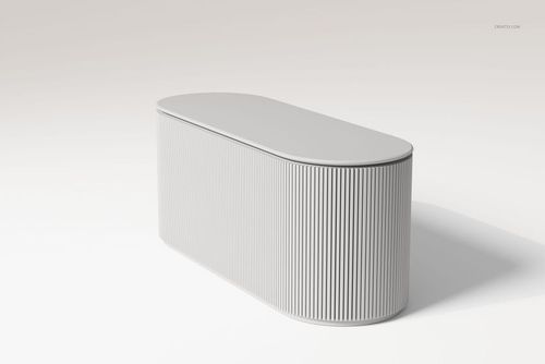 Oval-shaped flute bar cabinet with vertical grooves, shown in a light gray color on a plain background, angled view.