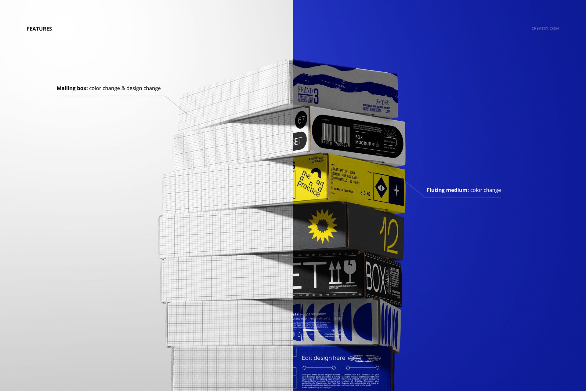 PSD mockup featuring stacked packaging boxes, left side in grayscale wireframe and right side with vivid design elements.