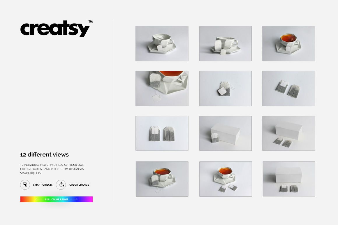 Tea box packaging and tea bag label mockup set displayed in twelve different views on a neutral background.