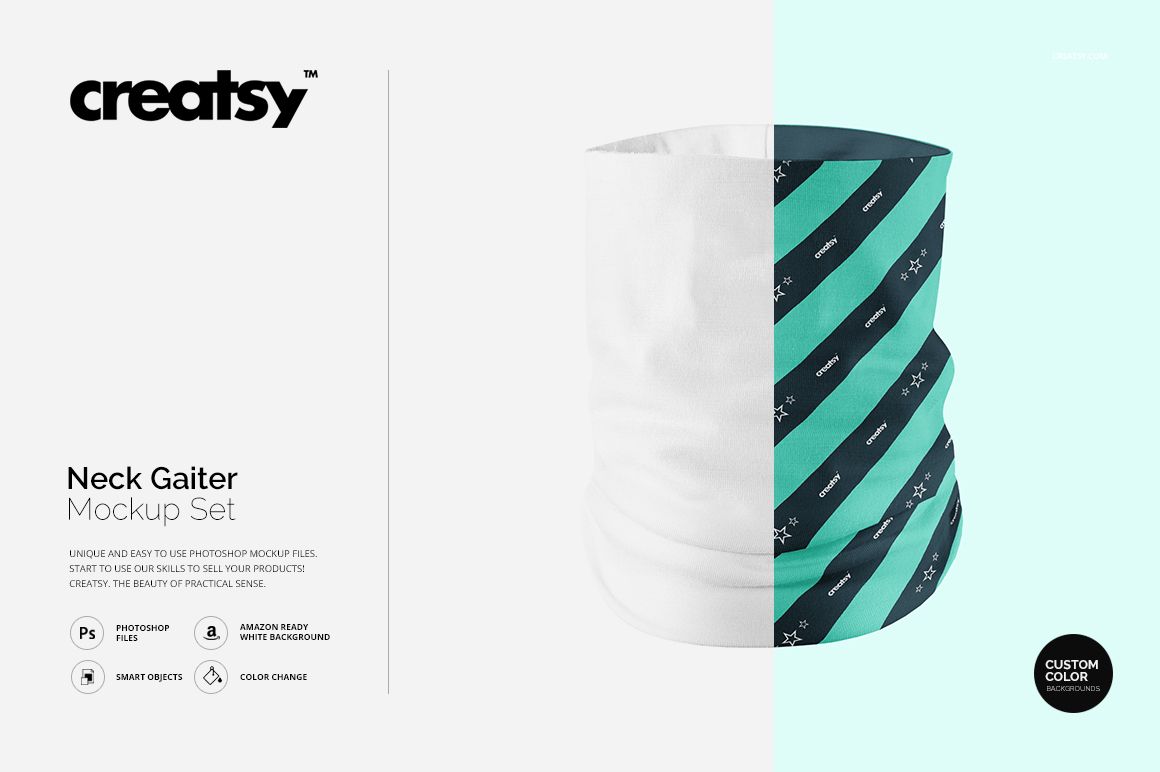 Neck gaiter mockup with alternating turquoise and black diagonal stripes and subtle white icons, shown upright.