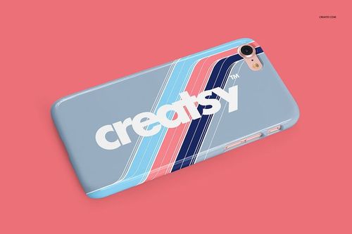 Glossy iPhone 7 snap case mockup with diagonal stripes in blue, pink, and white on a solid pink background, angled view.