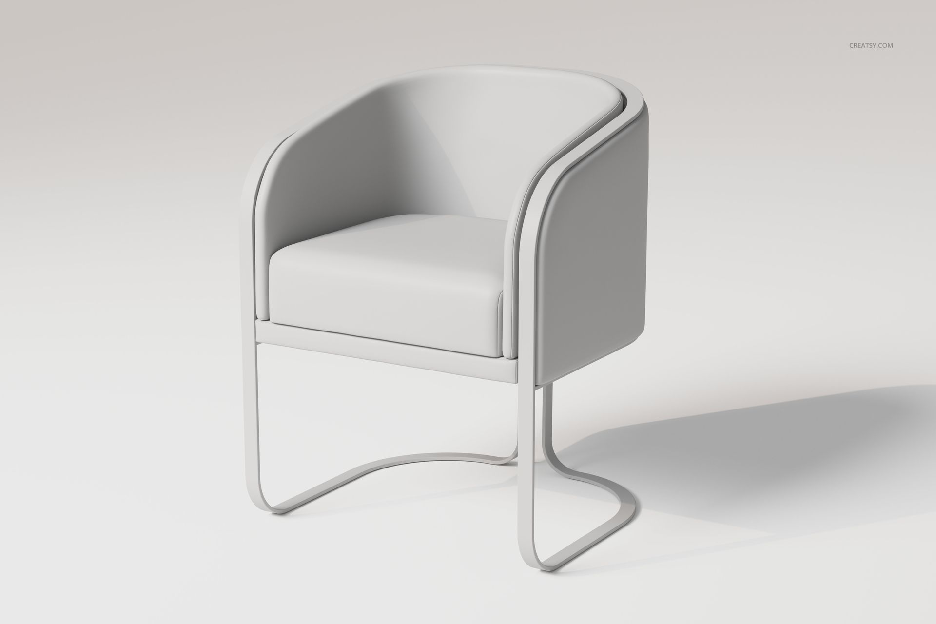 Modern tub chair with rounded chrome frame and smooth light gray upholstery, shown from a front angle on a plain background.