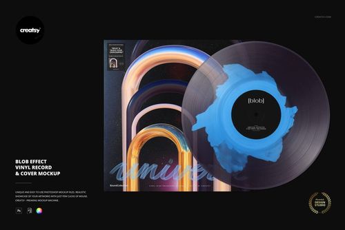 Front view of a vinyl record and cover mockup with a blue and purple blob effect, set against a dark background.