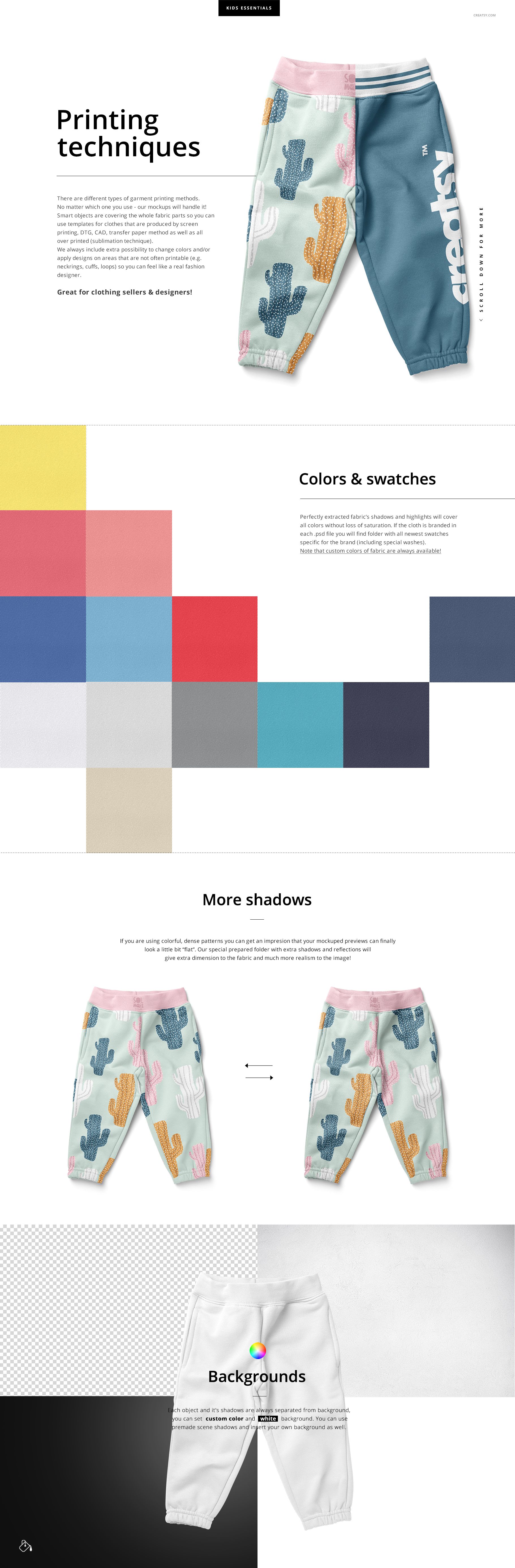 Kids fleece joggers mockup showing front and back views with colorful cactus pattern and split color design.