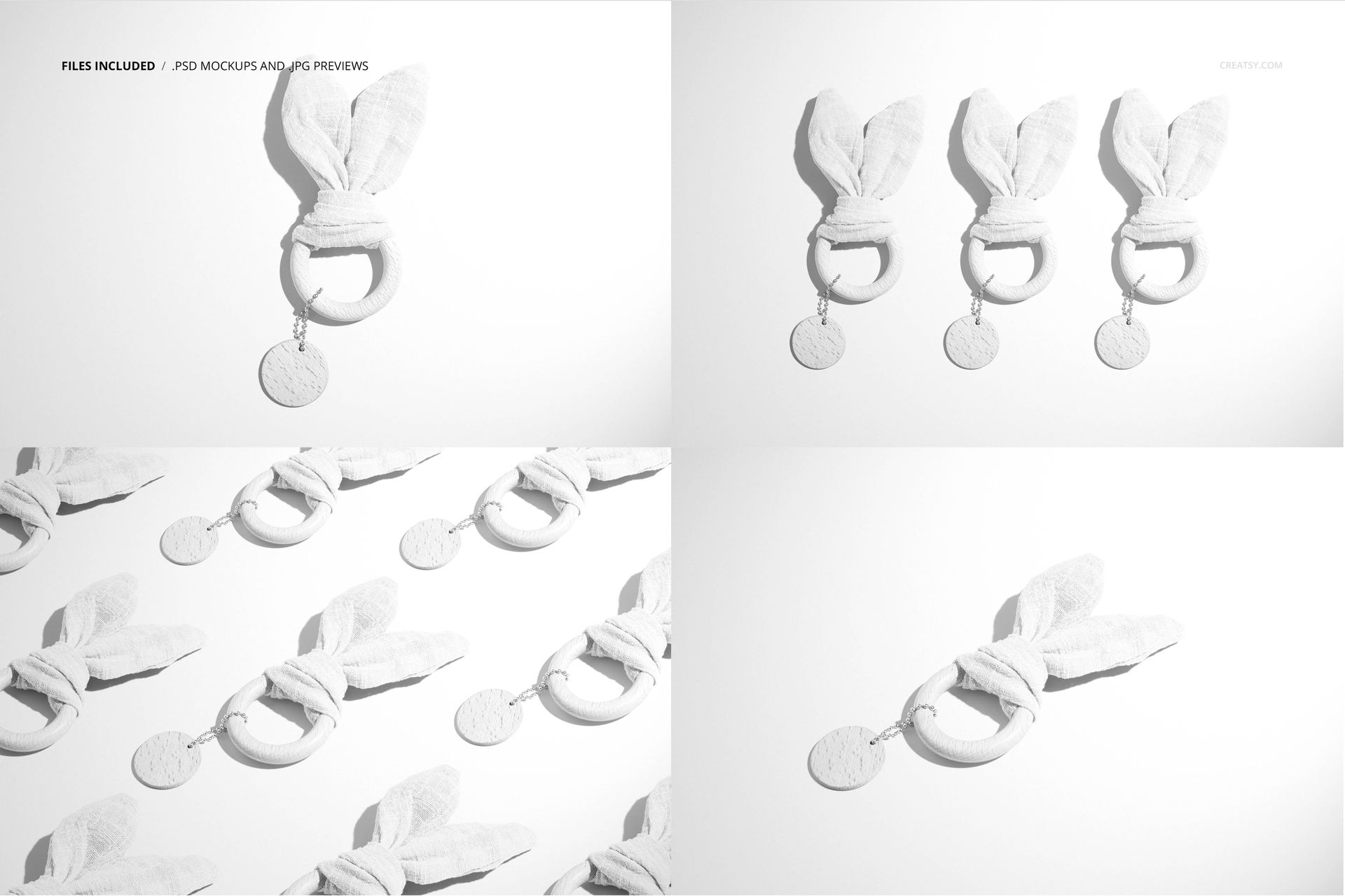 Wooden baby teether mockup set shown in various arrangements, featuring soft fabric bunny ears and circular wooden rings.