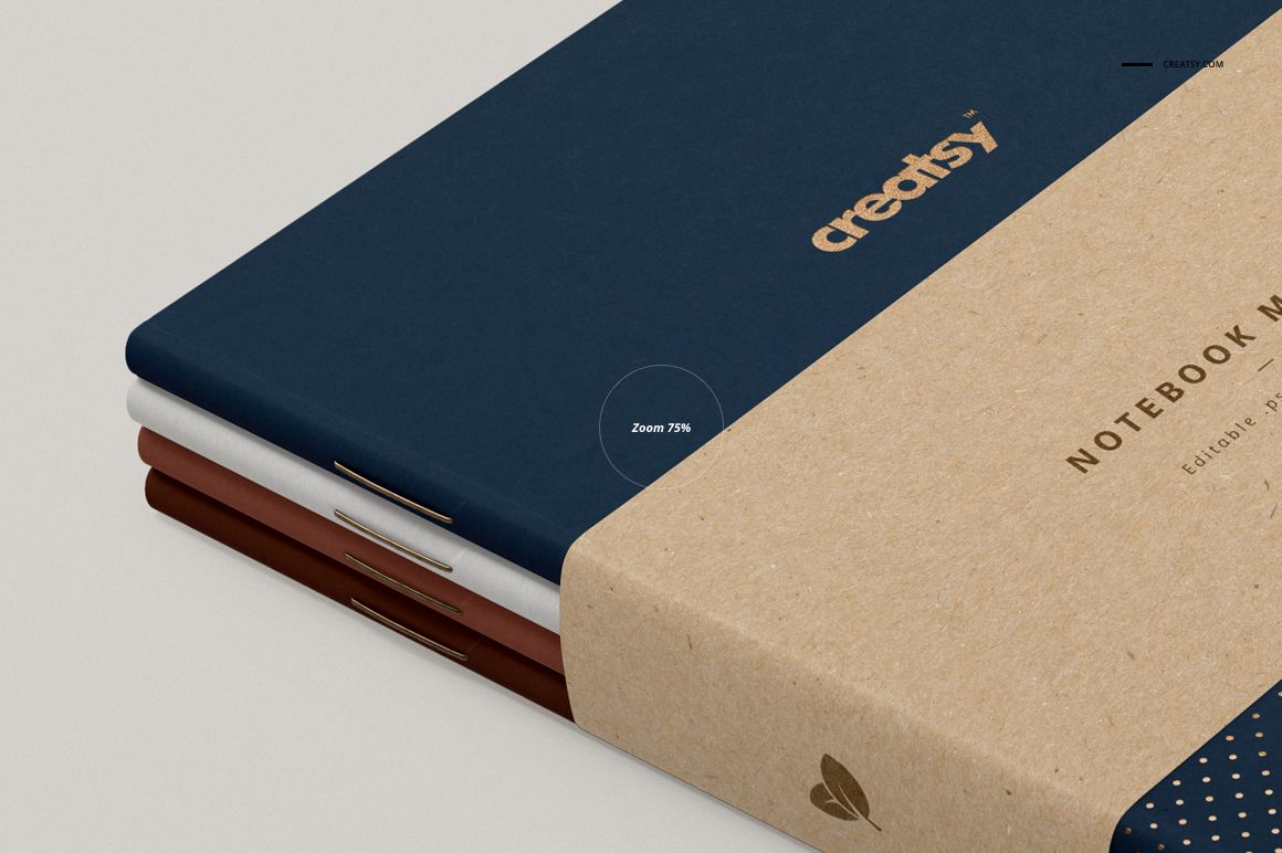 A5 notebook PSD mockup featuring a stack of navy, white, and brown notebooks with a textured kraft paper wrap.