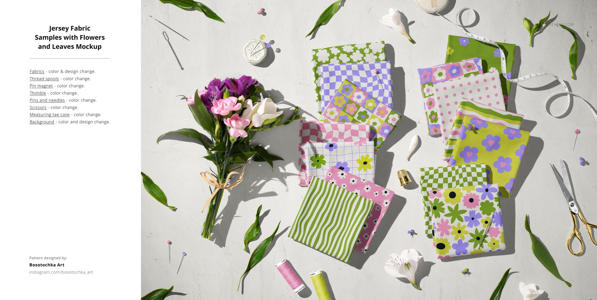Jersey fabric samples with colorful floral and geometric patterns arranged on a flat surface with flowers and sewing props.