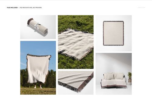 Jacquard fringed woven throw blanket mockup set showing a cream-colored blanket with dark fringe in various scenes.
